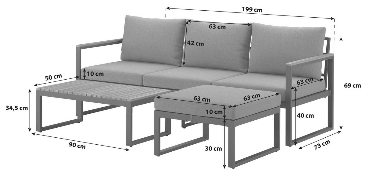 Loungegarnitur Acapulco aus Akazie mit Kissen - Grau, MODERN, Holz/Textil - Beldano