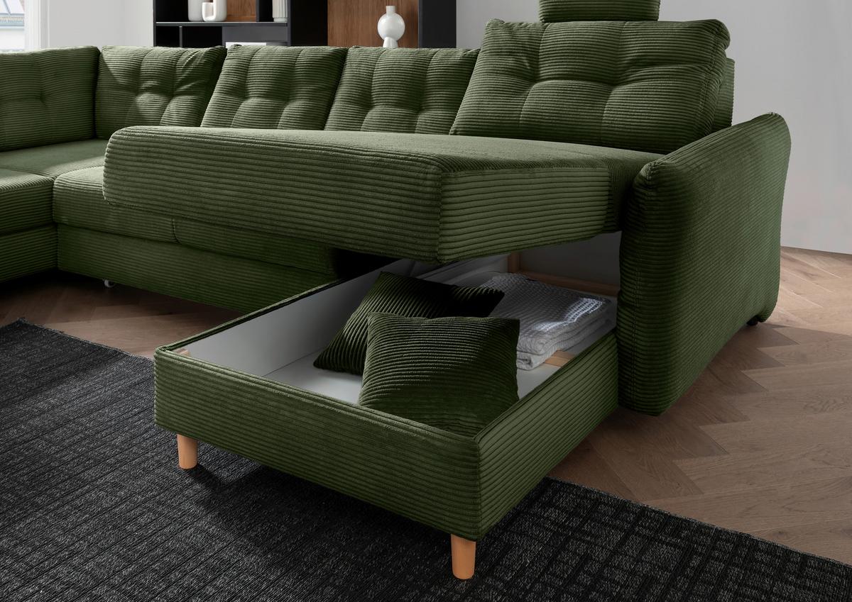 Wohnlandschaft Brizzini mit Schlaffunktion, Dunkelgrün - Dunkelgrün/Naturfarben, MODERN, Textil (206/338-352/176cm) - Livetastic