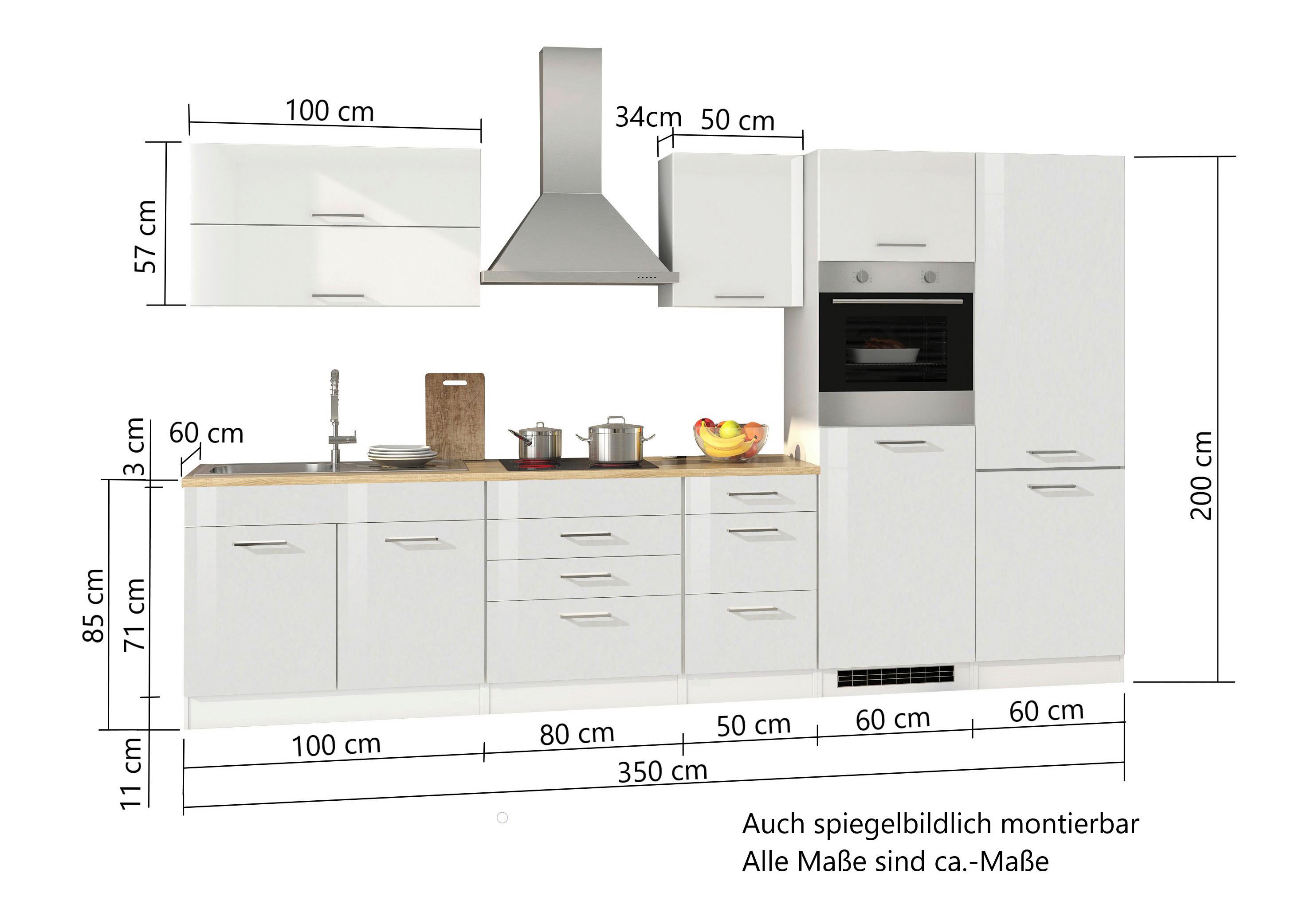 Küchenblock Mailand Weiß B: 350 cm - Weiß Hochglanz/Weiß, MODERN, Holzwerkstoff (350cm) - Held