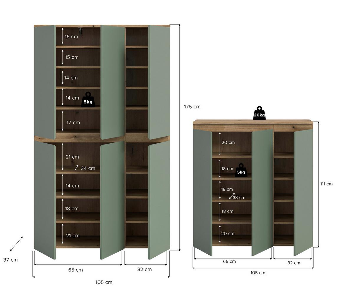Garderobenschrank Scarpa Eiche Dekor, Graugrün B: 175cm - Eichefarben/Schwarz, Design, Holzwerkstoff (235/175/37cm) - Livetastic