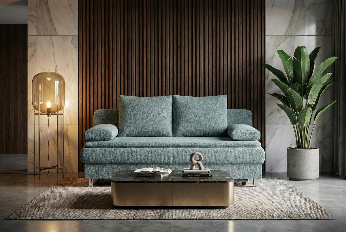 Rozkládací pohovka KEN, modrošedá,, lůžko a úl.prostor - černá/barvy chromu, Design, kompozitní dřevo/textil (200/92/90cm)