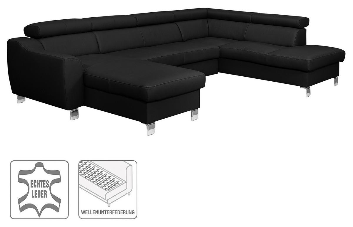 Wohnlandschaft Aspen Schwarz U-Form: 175 Cm - Chromfarben/Schwarz, Design, Leder/Textil (175/315/175cm) - Livetastic