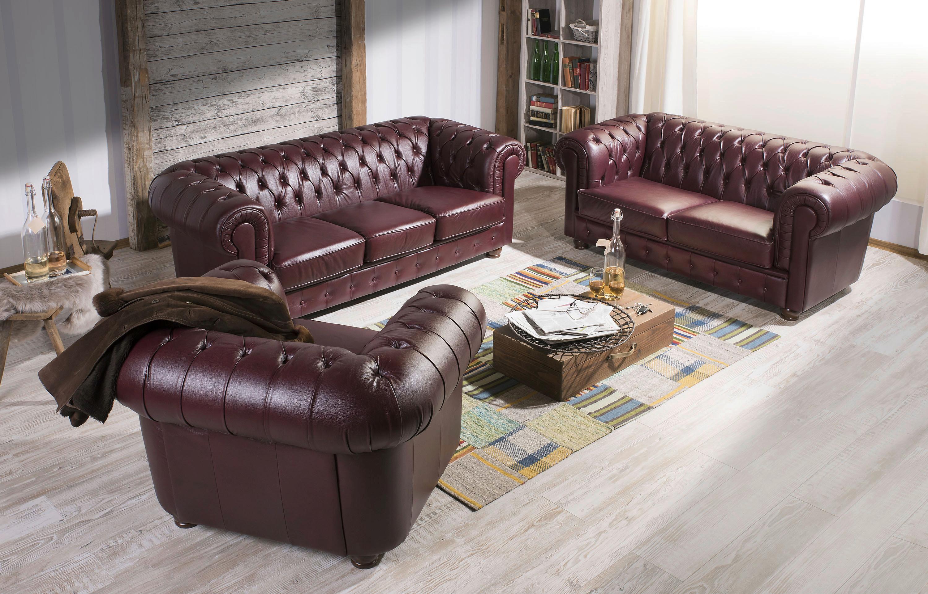 Chesterfield-sofa Bridgeport Rot 3-Sitzer, Echtleder - Rot/Nussbaumfarben, Design, Leder (200/76/98cm) - Max Winzer