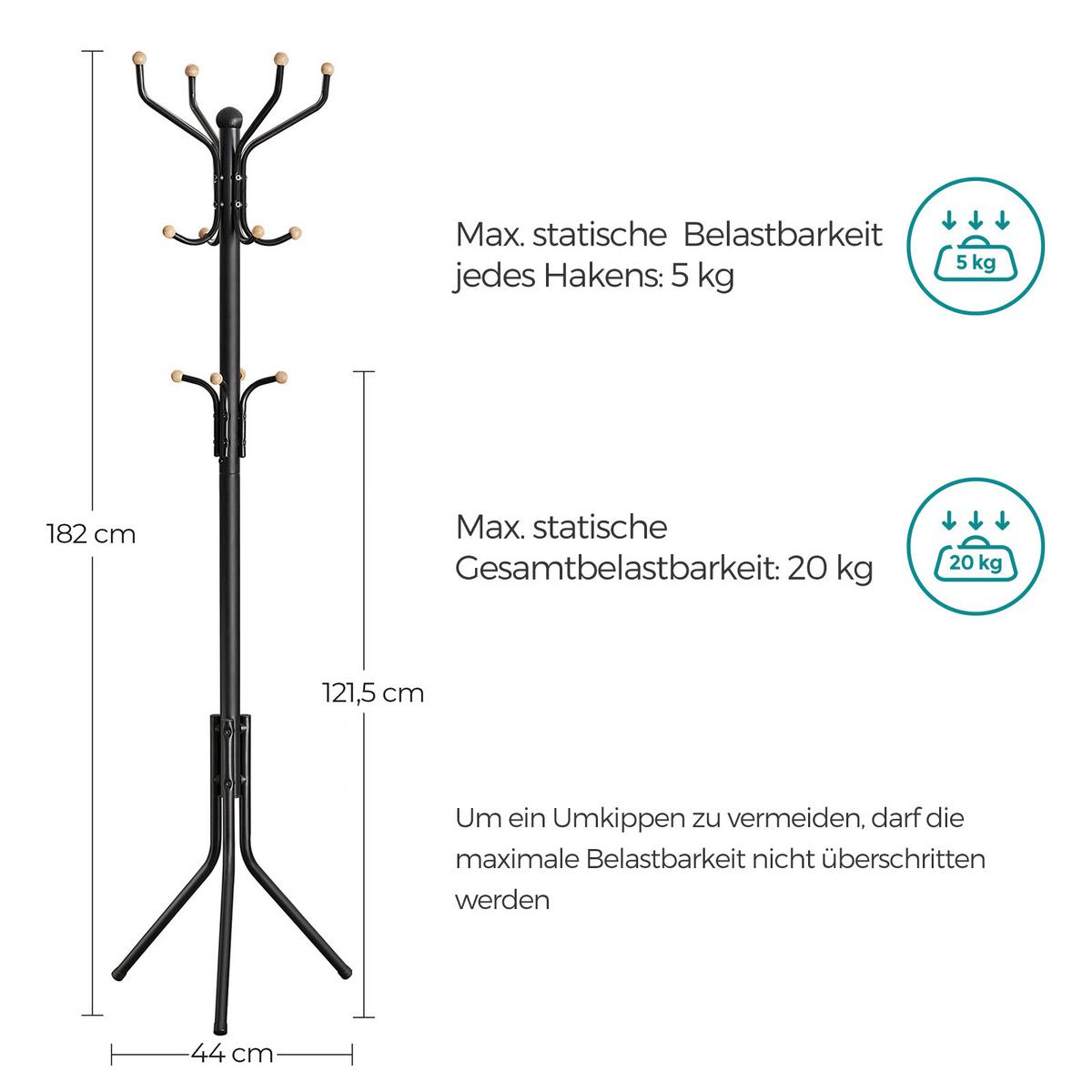 Garderobenständer Mit 12 Kleiderhaken, H: 182 cm - Schwarz, Trend, Metall (44/182/44cm) - Boxxx