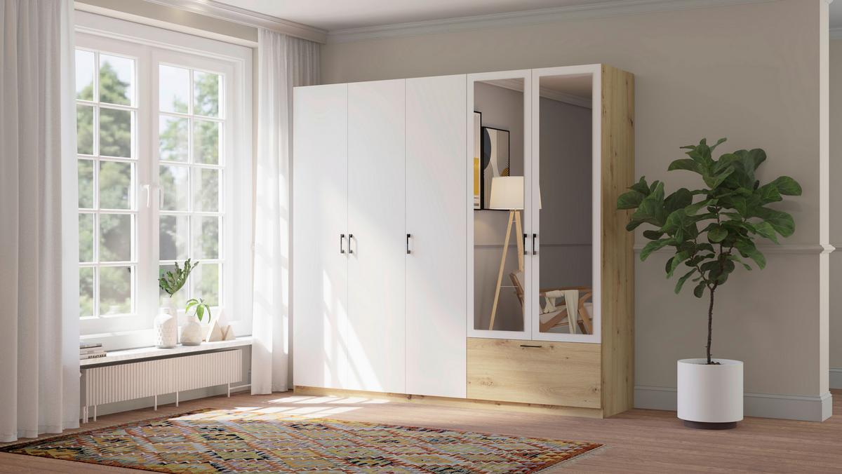 Nyílóajtós Szekrény Mila 225/210 Cm - Artisan tölgy/fehér, Konventionell, faalapú anyag/Üveg (225/210/54cm)