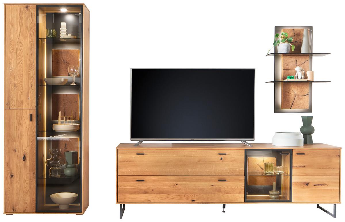 Wohnwand Assini Wildeiche B: 306 cm - Wildeiche/Schwarz, Design, Glas/Holz (306/206/50cm) - MID.YOU