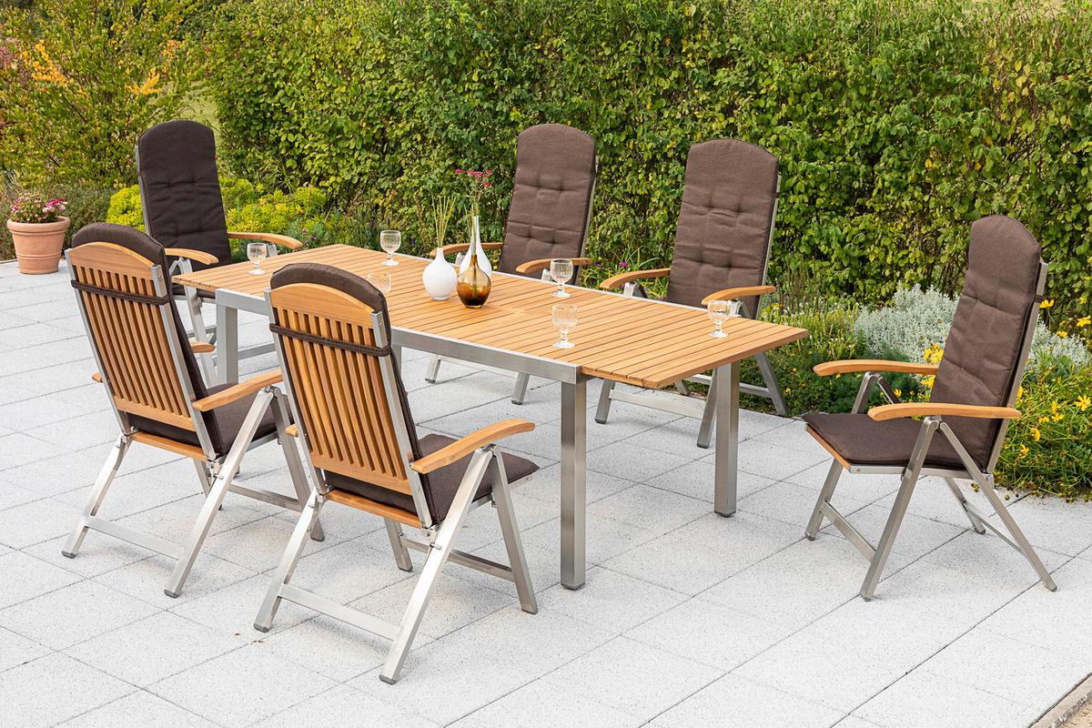 Gartengarnitur 7-Tlg. Keros Holz/Metall mit Kissen - Silberfarben/Braun, ROMANTIK / LANDHAUS, Holz/Textil - Gardenson