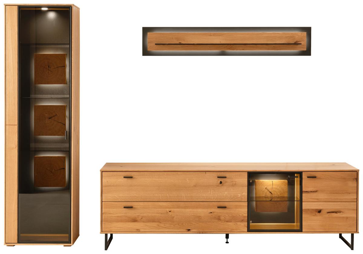 Wohnwand Assini 3-Teilig Wildeiche B: 286 cm - Wildeiche/Schwarz, Design, Glas/Holz (286/206/50cm) - MID.YOU