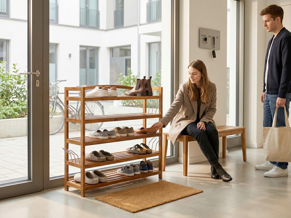 Schuhregal aus Akazie 5-Etagen LxBxH: 26x82x94 cm - Akaziefarben, Basics, Holz (26/82/94cm) - Prestige Home