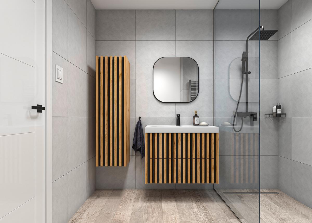 Waschbecken mit Unterschrank B: 81 cm Schwarz/Eichedekor - Eichefarben/Schwarz, MODERN, Keramik/Holzwerkstoff (81cm) - MID.YOU