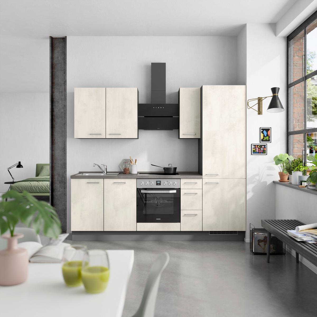 Kuchynská linka 240CM biely betón/ bridlicová šedá - biela/farba ušľachtilej ocele, Modern, kov/kompozitné drevo (240cm) - Nobilia