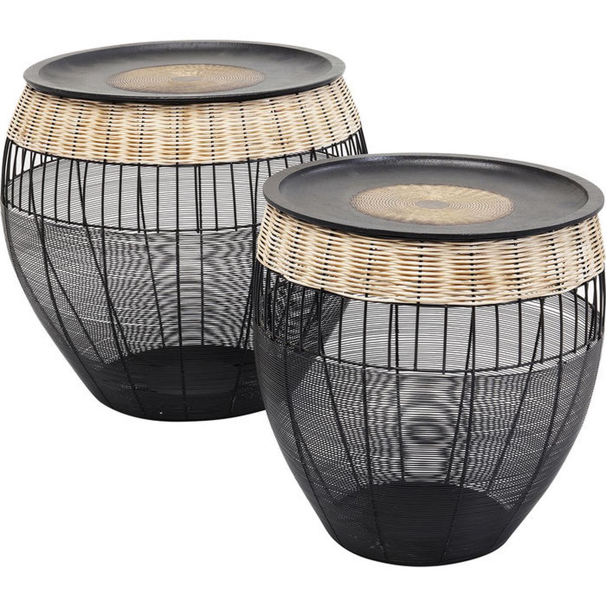Beistelltisch African Drums 2-Teilig Schwarz - Schwarz/Naturfarben, Design, Naturmaterialien/Metall (40-46/40-46/42-48cm) - Kare-Design