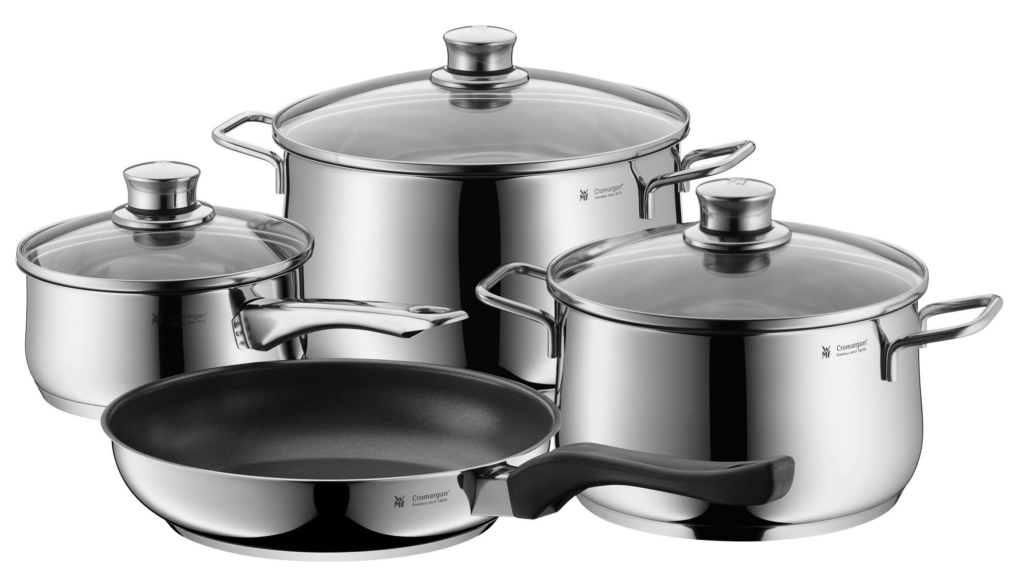 WMF Kochtopfset 7-Teilig Edelstahl 3 Deckel 1 Pfanne - Silberfarben, KONVENTIONELL, Glas/Metall - WMF