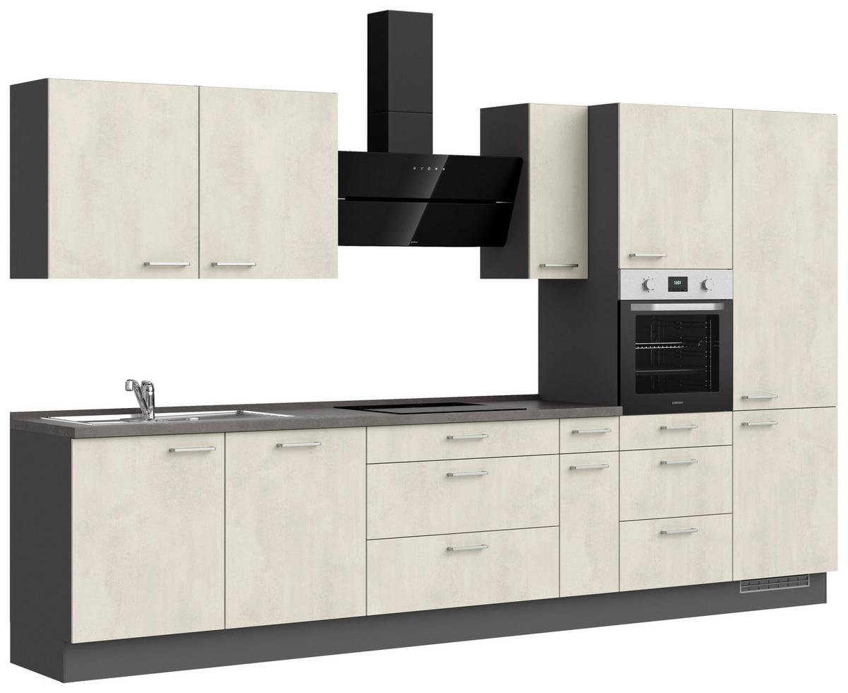 Kuchynská linka 360CM biely betón/ bridlicová šedá - biela/farba ušľachtilej ocele, Modern, kov/kompozitné drevo (360cm) - Nobilia