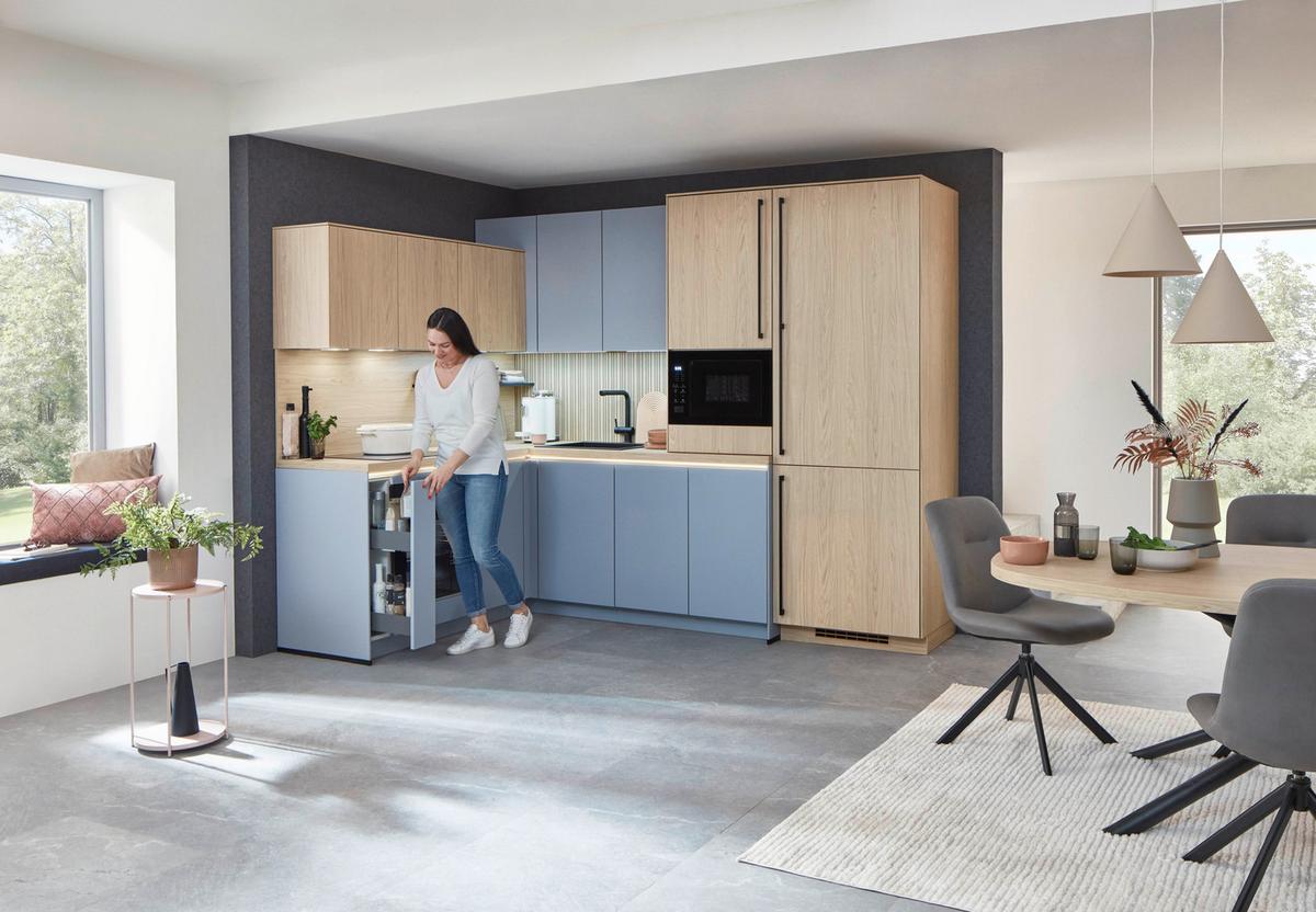 Eckküche Sidney/singapur - Sandfarben/Blau, Basics, Holzwerkstoff (185/288cm) - Vertico