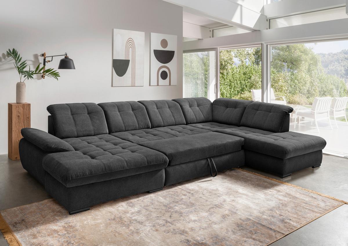 Wohnlandschaft Rigatti Mit Schlaffunktion Anthrazit - Anthrazit/Schwarz, MODERN, Textil (184/387/252cm) - Livetastic
