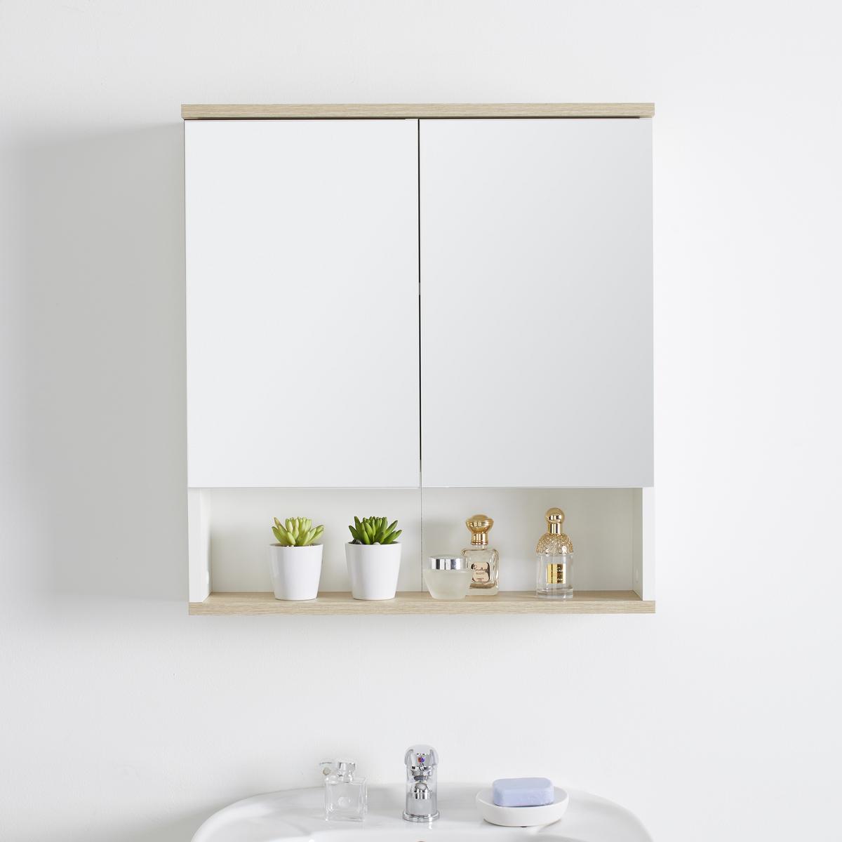 Spiegelschrank Yasmin 2-Türig BHT: 60x65x14 cm, offenes Fach - Eichefarben/Weiß, Basics, Glas/Holzwerkstoff (60/65/13,9cm) - MID.YOU