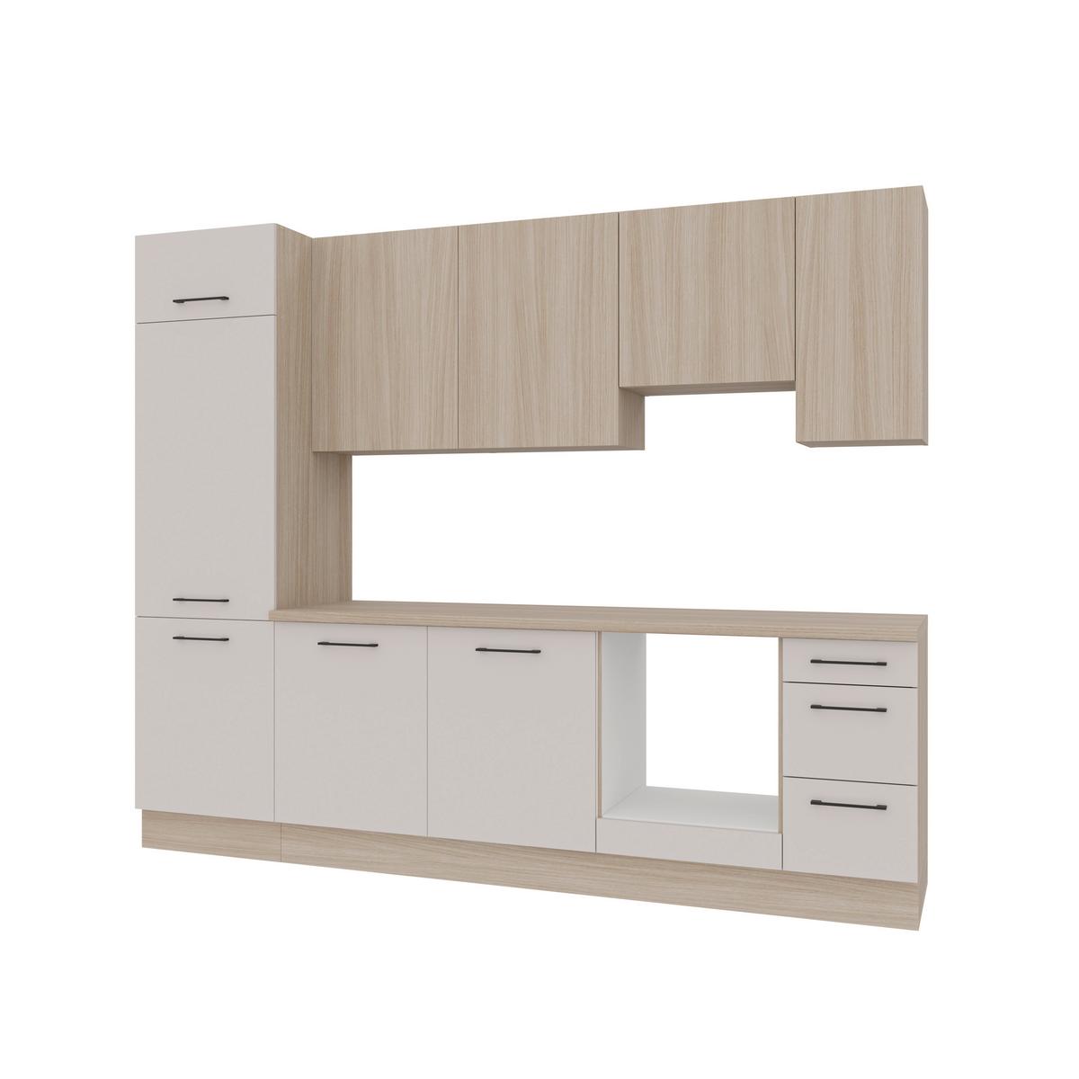 Kuchynský blok BRAVO kašmír / dub Barista - čierna/kašmírová, kompozitné drevo/plast (280/237/60cm)