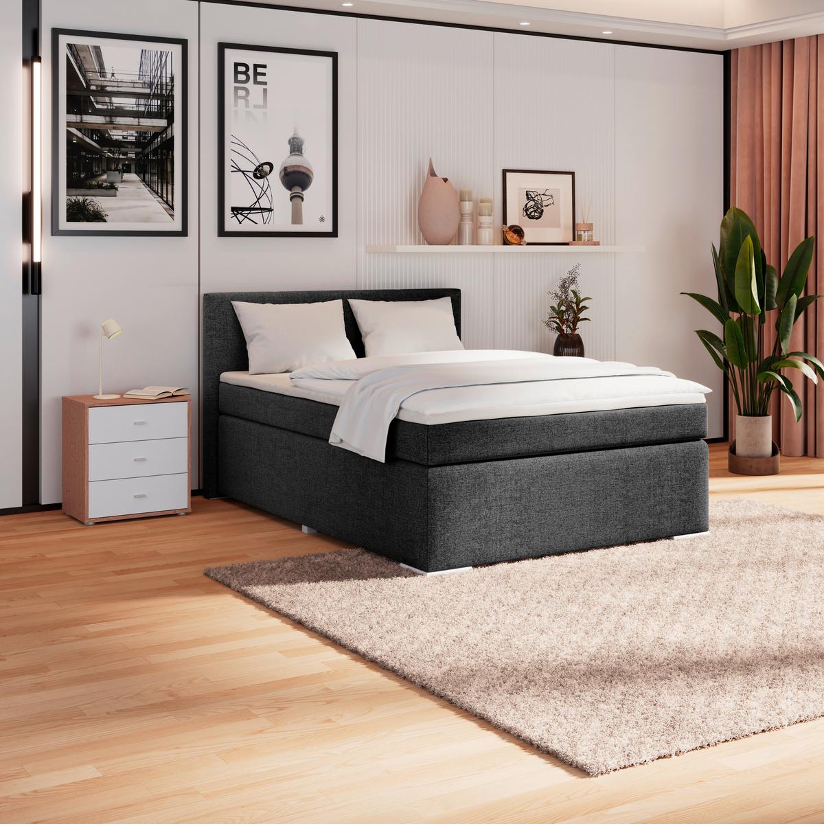 Boxspringbett Mira Webstoff Schwarz, Lf:140x200cm - Beige/Schwarz, KONVENTIONELL, Holz/Textil (140/200cm)