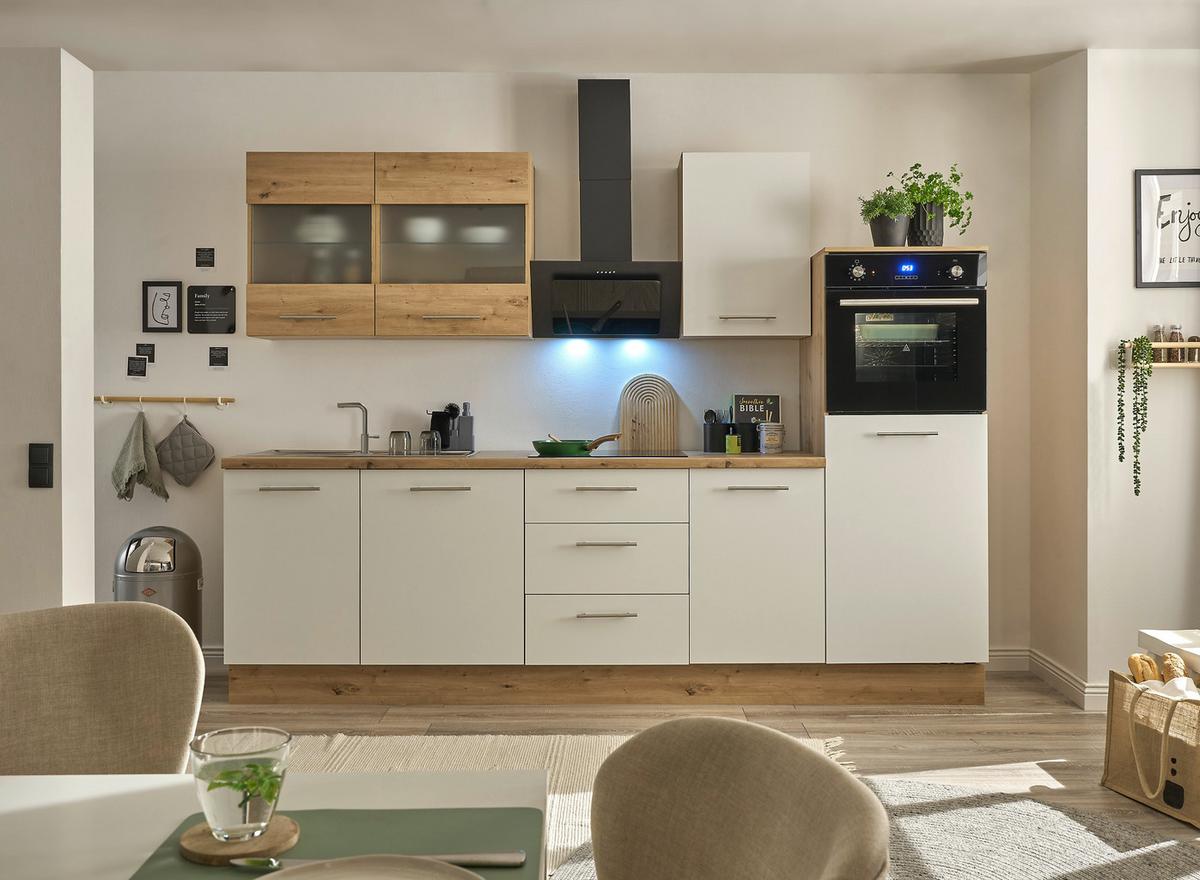 Küchenblock Capri Weiß/eiche Dekor B: 280 Cm - Weiß/Eiche Artisan, Basics, Glas/Holzwerkstoff (280cm) - MID.YOU