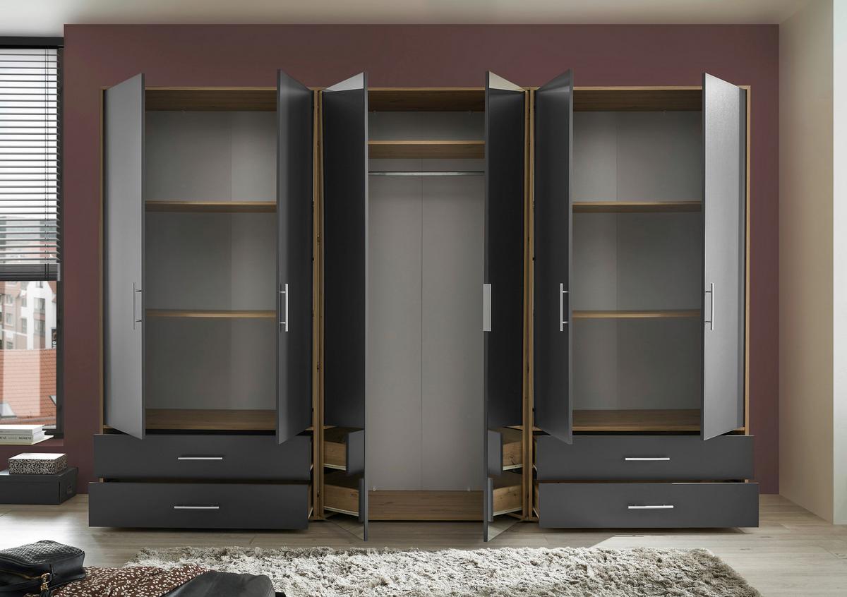 Kleiderschrank Velas, Eiche Artisan, Graphit , B: 302 Cm - Graphitfarben/Eiche Artisan, KONVENTIONELL, Glas/Holzwerkstoff (305/207/58cm)