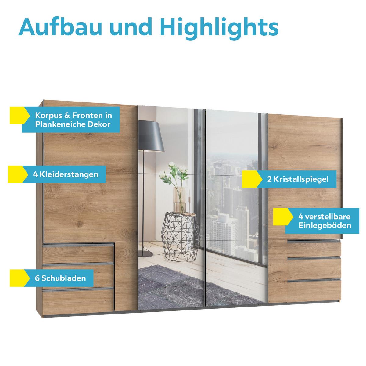 Schwebetürenschrank Mit Spiegel + Laden 350cm Level 36a, Eiche - Eichefarben, Basics, Holzwerkstoff (350/216/65cm) - MID.YOU