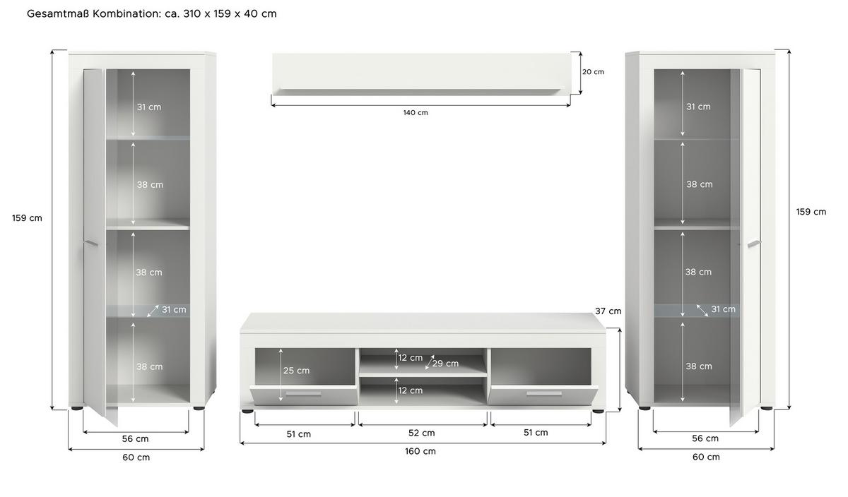 Wohnwand Jam Weiß B: 310 cm - Weiß, Design, Glas/Holzwerkstoff (310/159/35cm) - MID.YOU