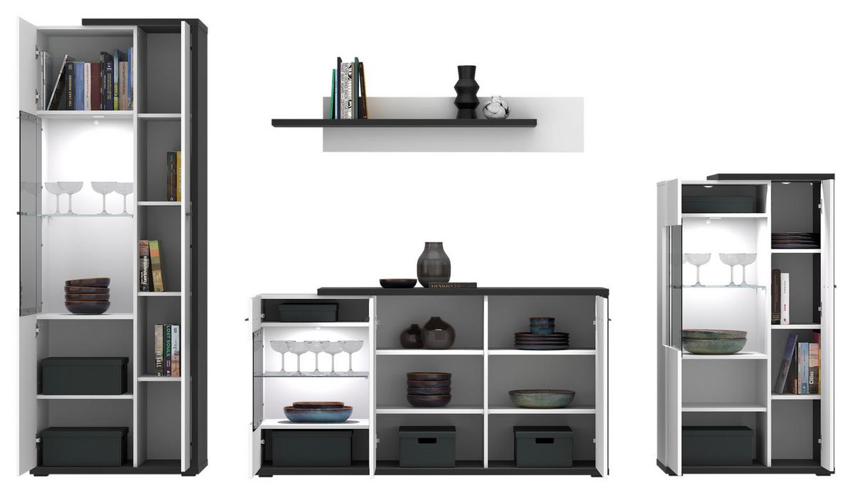 Wohnwand Ambiente Plus Anthrazit/ Weiß B: 300,2 cm - Weiß Hochglanz/Anthrazit, MODERN, Glas/Holzwerkstoff (300,2/199,1/53,6cm)