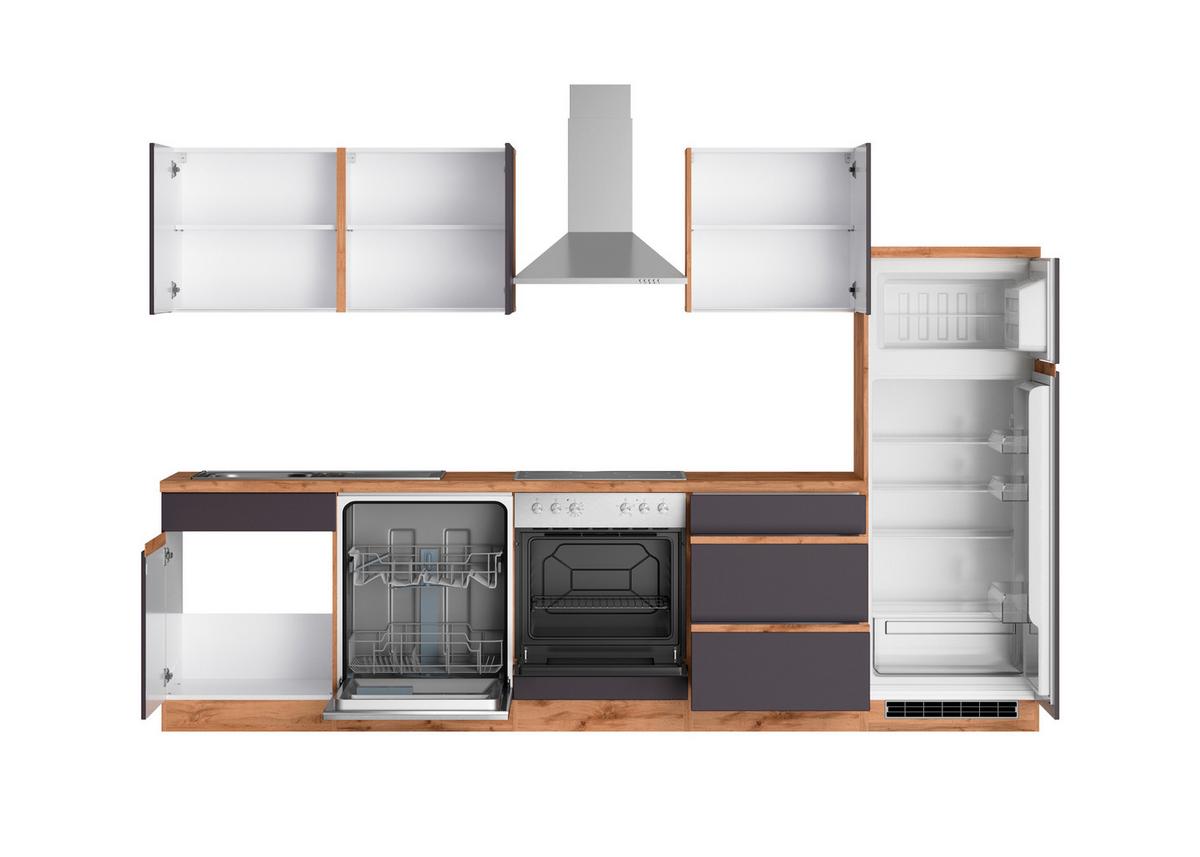 Küchenzeile Turin mit Geräten B: 300cm Grau/Wotaneiche Dekor - Eiche Wotan/Grau, Design, Holzwerkstoff (300cm) - Held