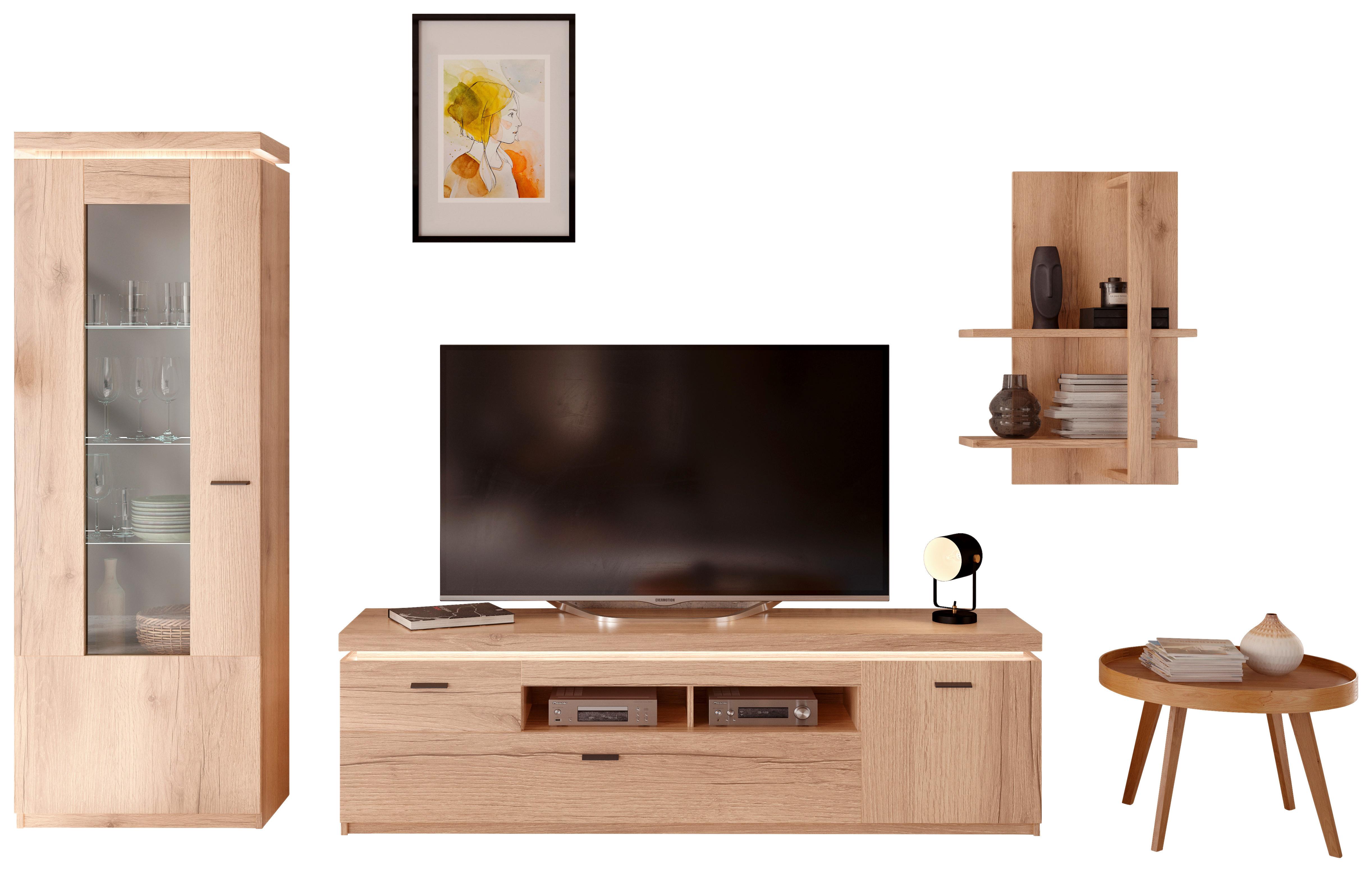 Wohnkombination Modern 3 -Teilig. mit Led Vancouver, Eiche Dekor - Eichefarben, MODERN, Glas/Holzwerkstoff (266/198/44cm)