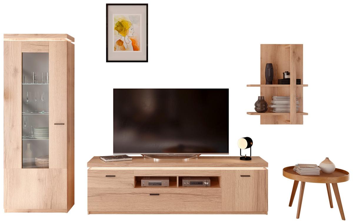 Wohnkombination Modern 3 -teilig. Mit Led Vancouver, Eiche Dekor - Eichefarben, MODERN, Glas/Holzwerkstoff (266/198/44cm)