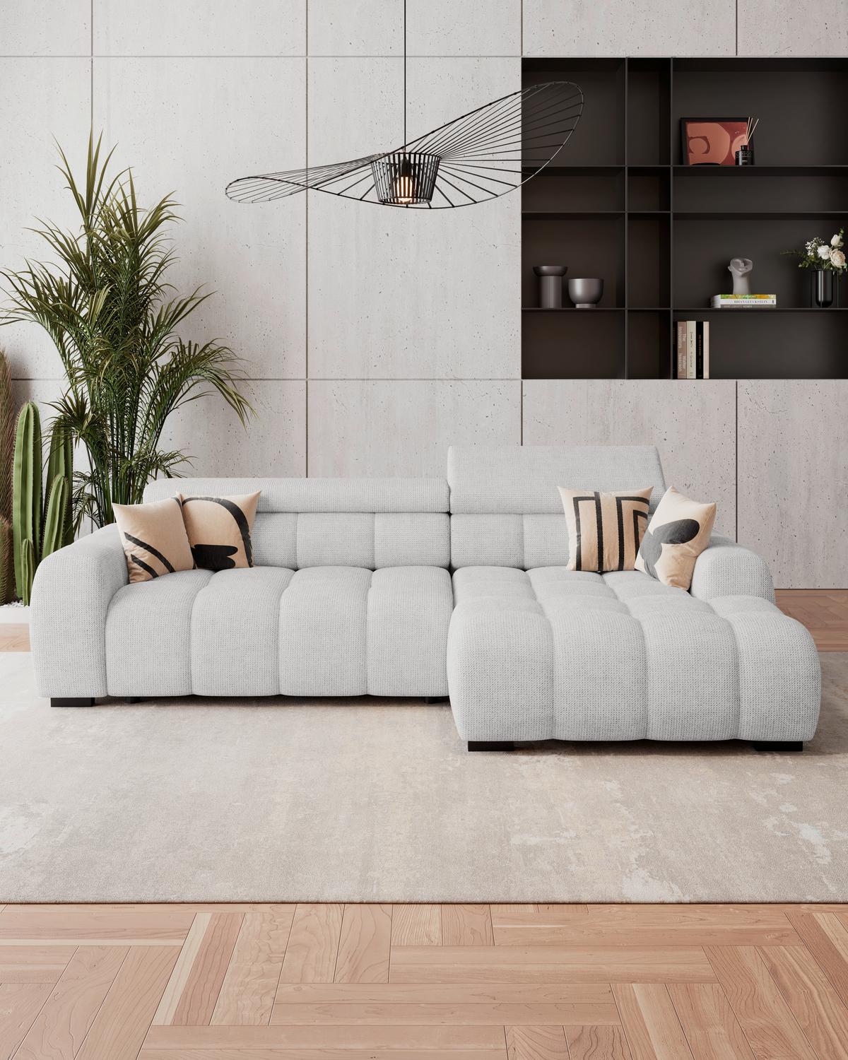 Rohová sedačka FREYA, pravá, sivobéžová, elektrický výsuv - čierna/sivobéžová, Trend, textil/plast (285/168cm)