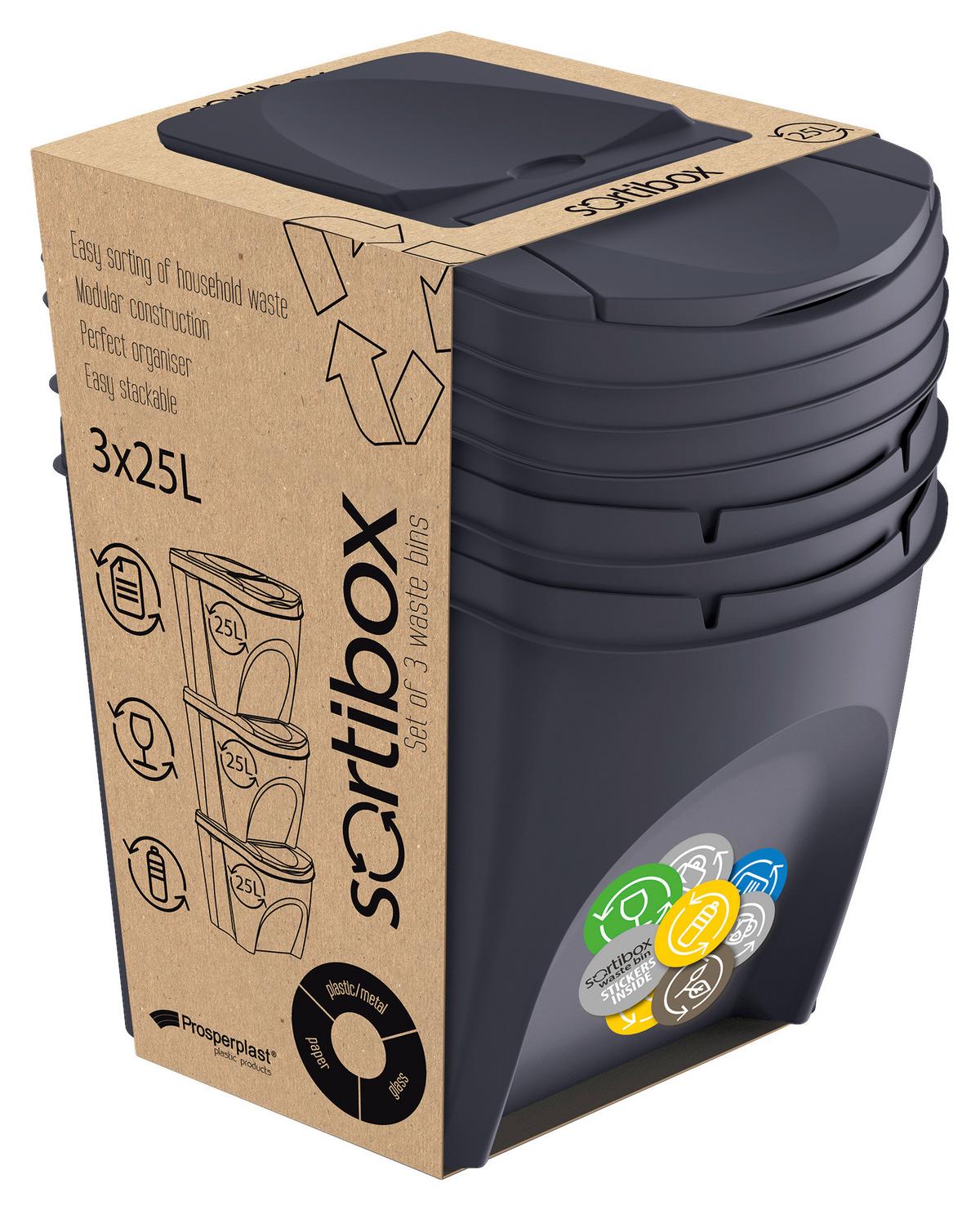 Abfallsammler Sortibox 3x 25 L Freistehend 39,2x39,2x33,5 cm - Blau/Anthrazit, Basics, Kunststoff (39,2/29/33,5cm)