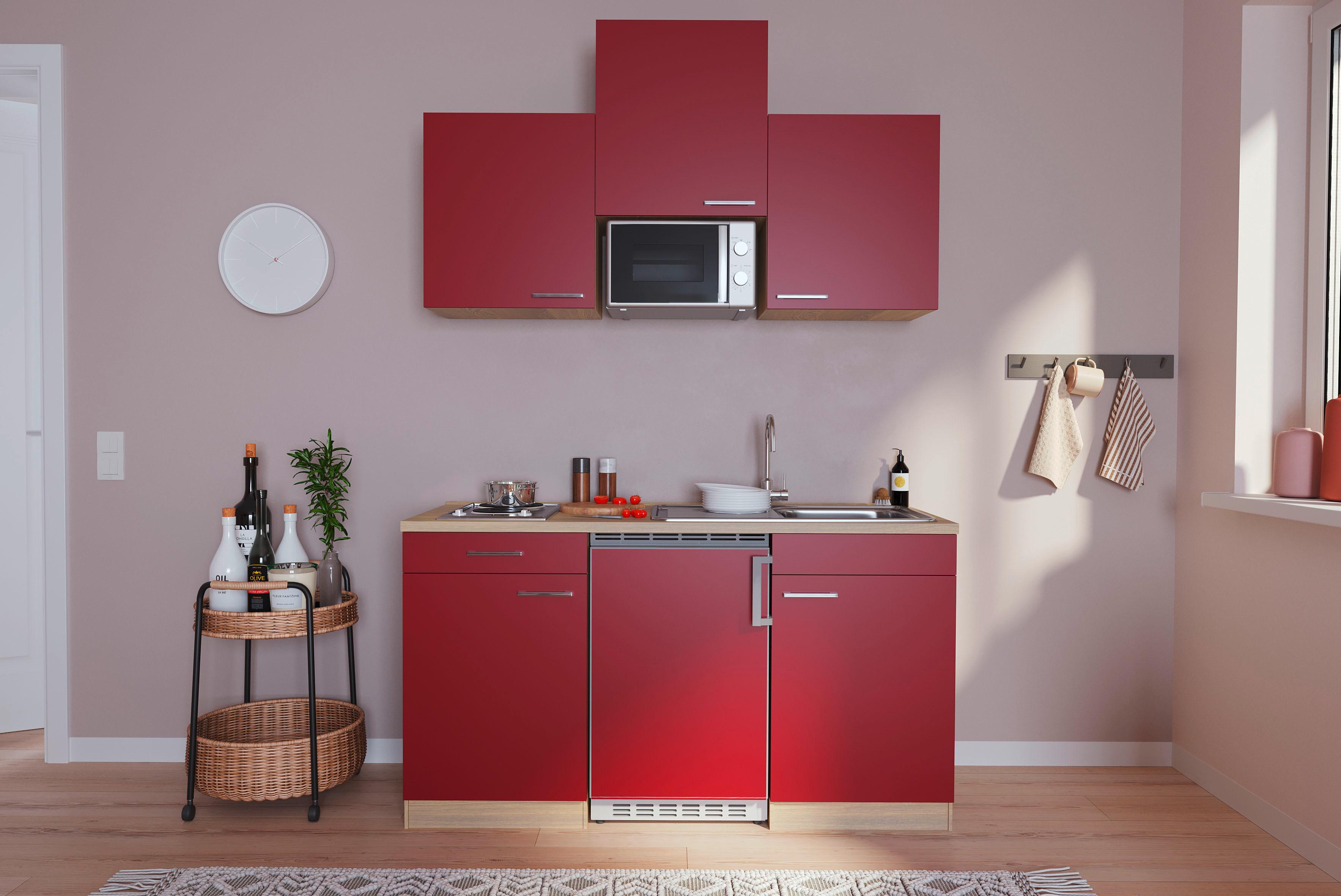 Miniküche mit Mikrowelle + Kühlschrank 150 cm Rot/Eiche - Eichefarben/Rot, Basics, Holzwerkstoff (150cm) - Respekta