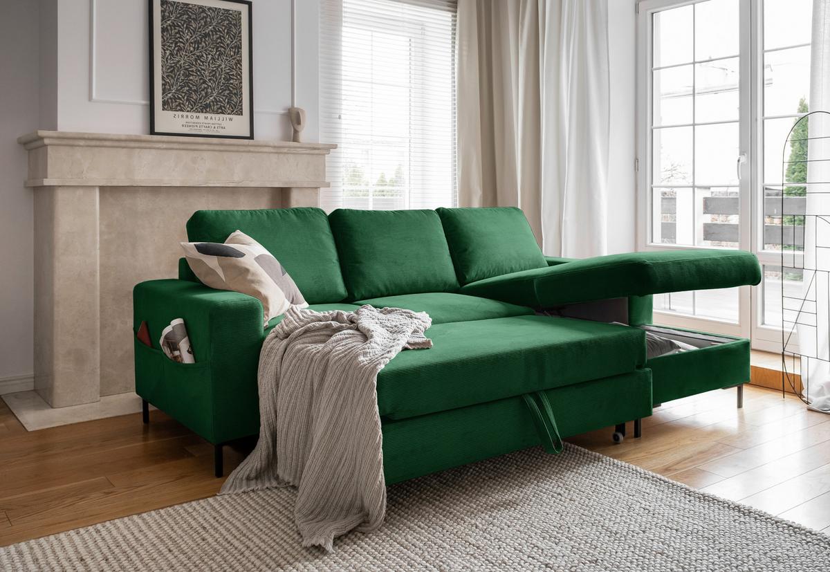 Rohová sedačka LEONIE, pravá, smaragdovozelený menčester - čierna/smaragdovozelená, Design, kov/drevo (236/148cm)