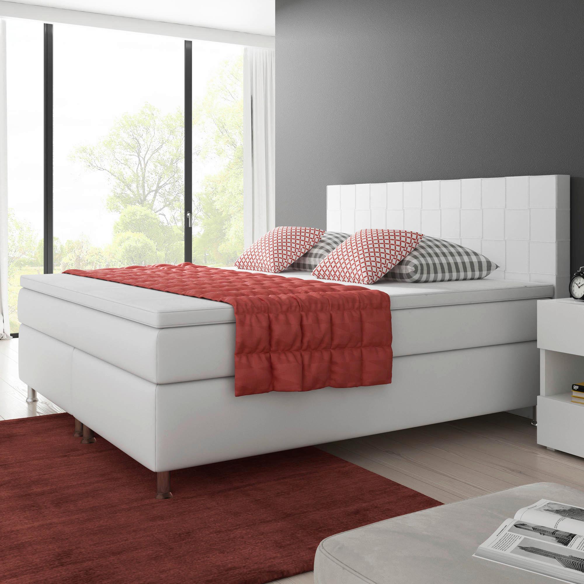 Boxspringbett Mit Topper Lederlook 180x200 Cm Ancona - Silberfarben/Weiß, KONVENTIONELL, Leder/Textil (180/115/210cm) - MID.YOU