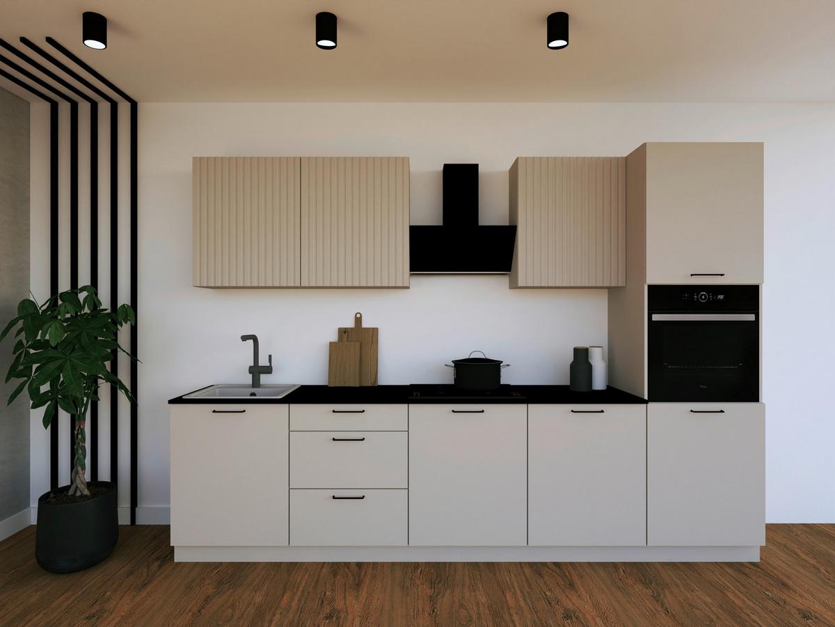 Kuchynský blok bez spotrebičov VELARO - čierna/kašmírová, kov/kompozitné drevo (240/214/60cm)