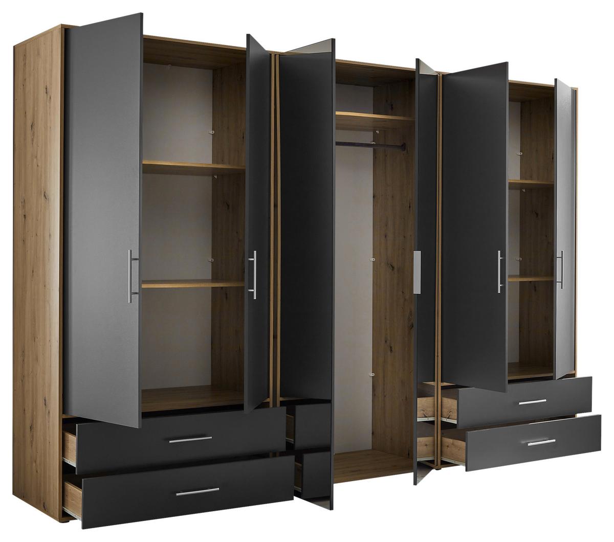 Kleiderschrank Velas, Eiche Artisan, Graphit , B: 302 Cm - Graphitfarben/Eiche Artisan, KONVENTIONELL, Glas/Holzwerkstoff (305/207/58cm)