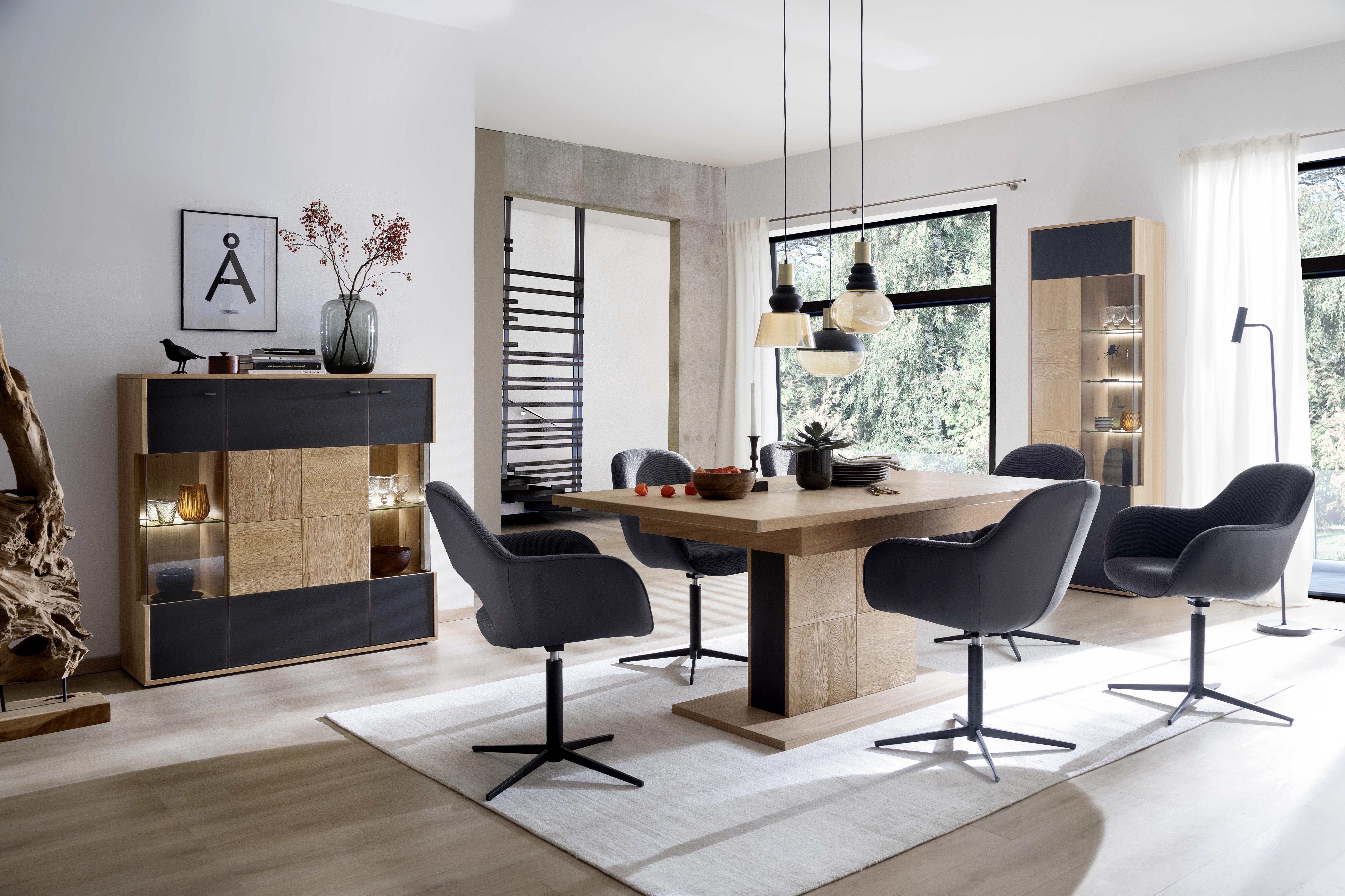 Highboard Echtholz B: 124 Cm Valencia Anthrazit/eiche - Eiche Bianco/Anthrazit, Design, Glas/Holz (124/120/37cm) - MID.YOU