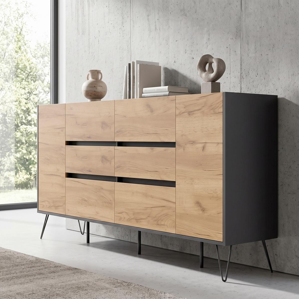 Sideboard Posseik Industrial Graphitfarben /Eichef. B:199cm - Eichefarben/Graphitfarben, Design, Holzwerkstoff (199/93,6/42cm) - MID.YOU