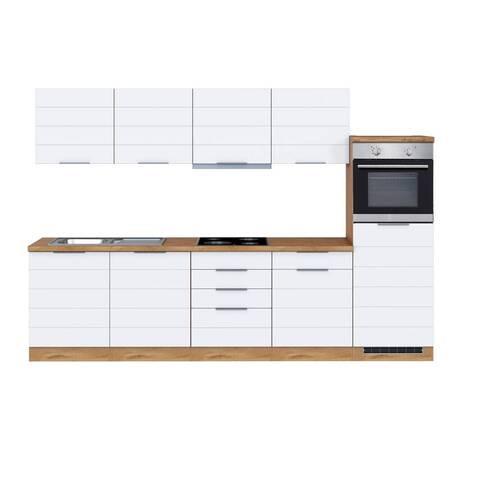 Küchenzeile Florenz mit Geräten 300 cm Weiß/Eichefarben - Eiche Wotan/Weiß, Design, Holzwerkstoff (300cm) - Held