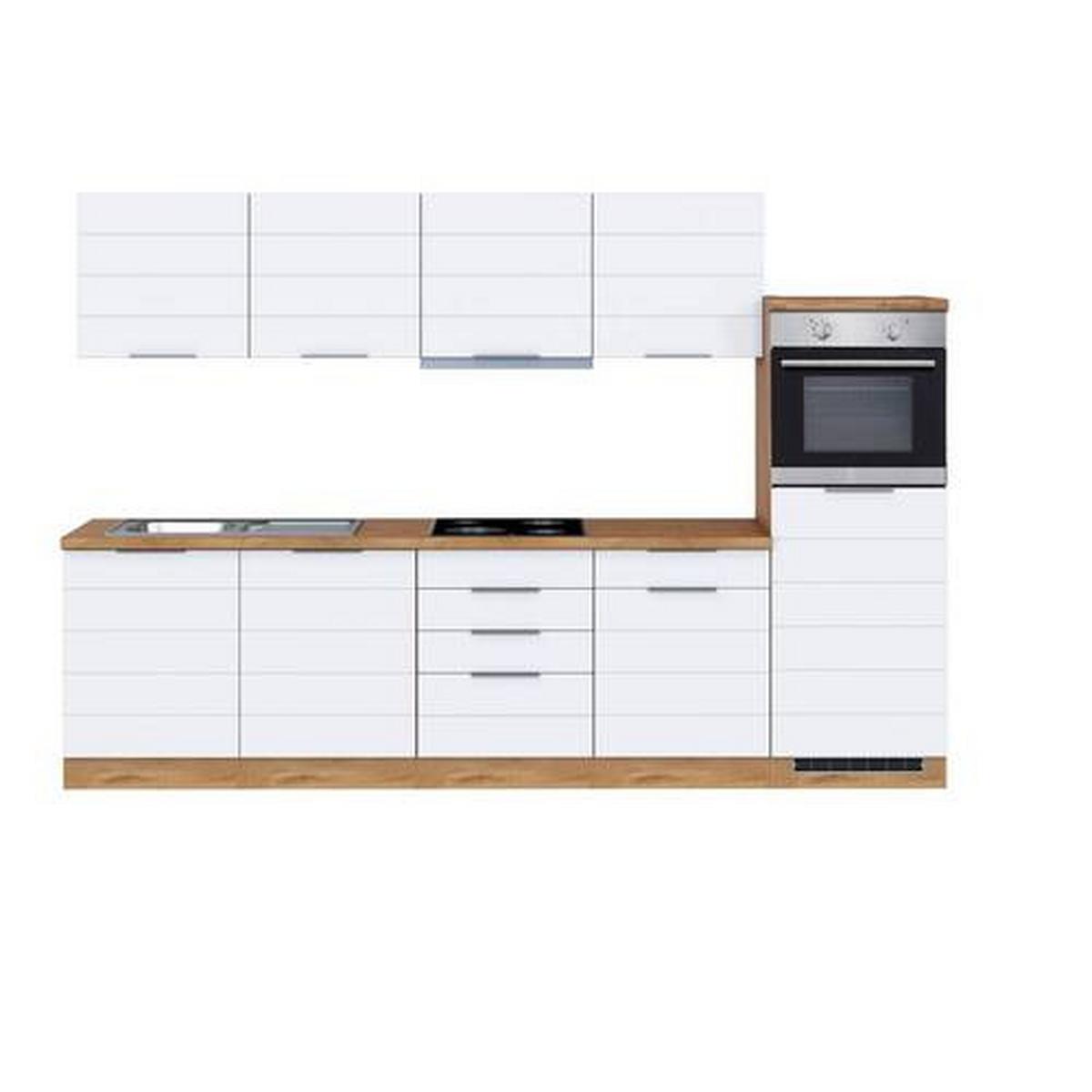 Küchenzeile Florenz mit Geräten 300 cm Weiß/Eichefarben - Eiche Wotan/Weiß, Design, Holzwerkstoff (300cm) - Held