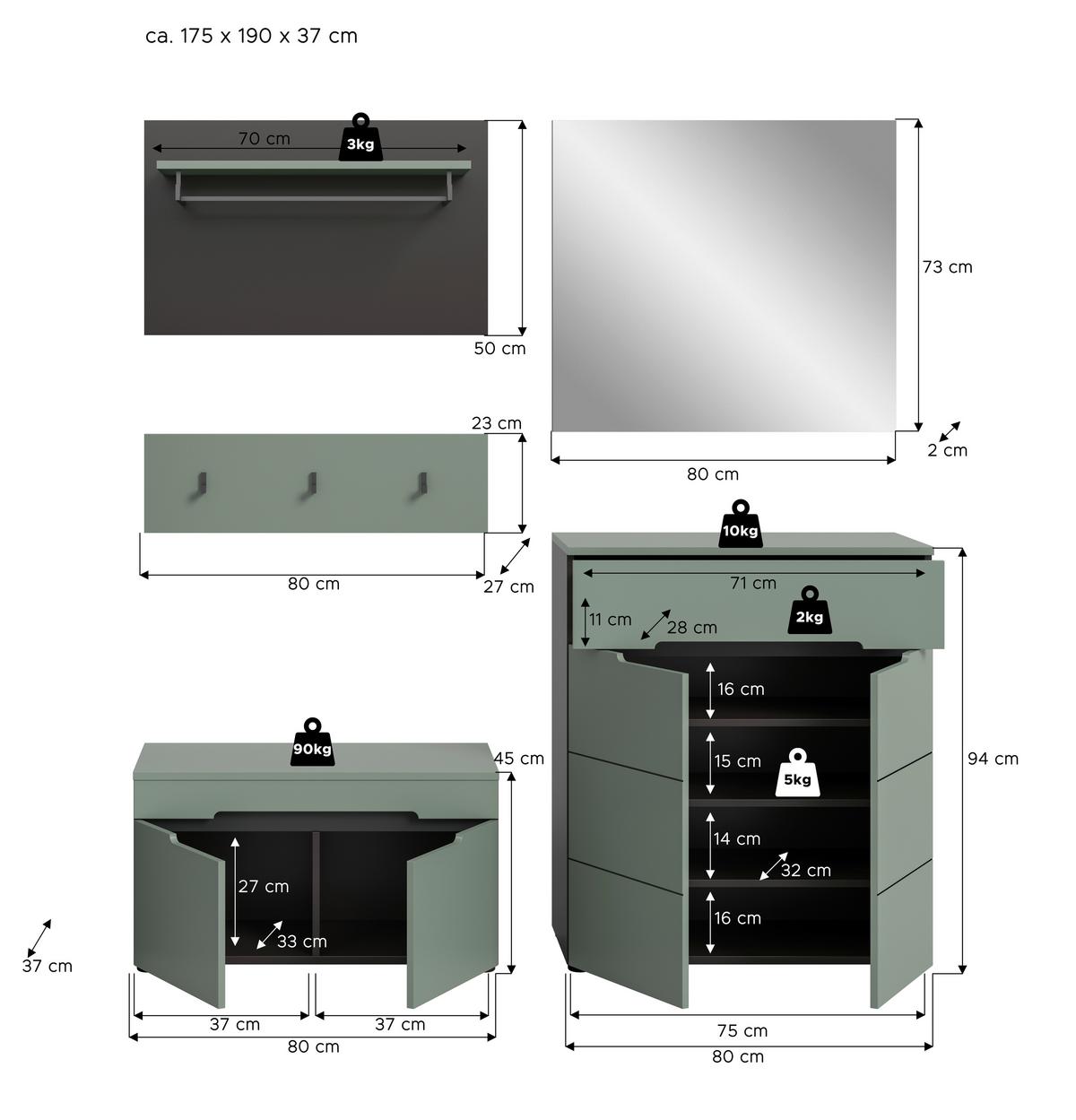 Garderobe Canu 4-teilig Grau/grün B: 175 Cm - Graugrün/Grau, Design, Holzwerkstoff (175/190/37cm) - Livetastic