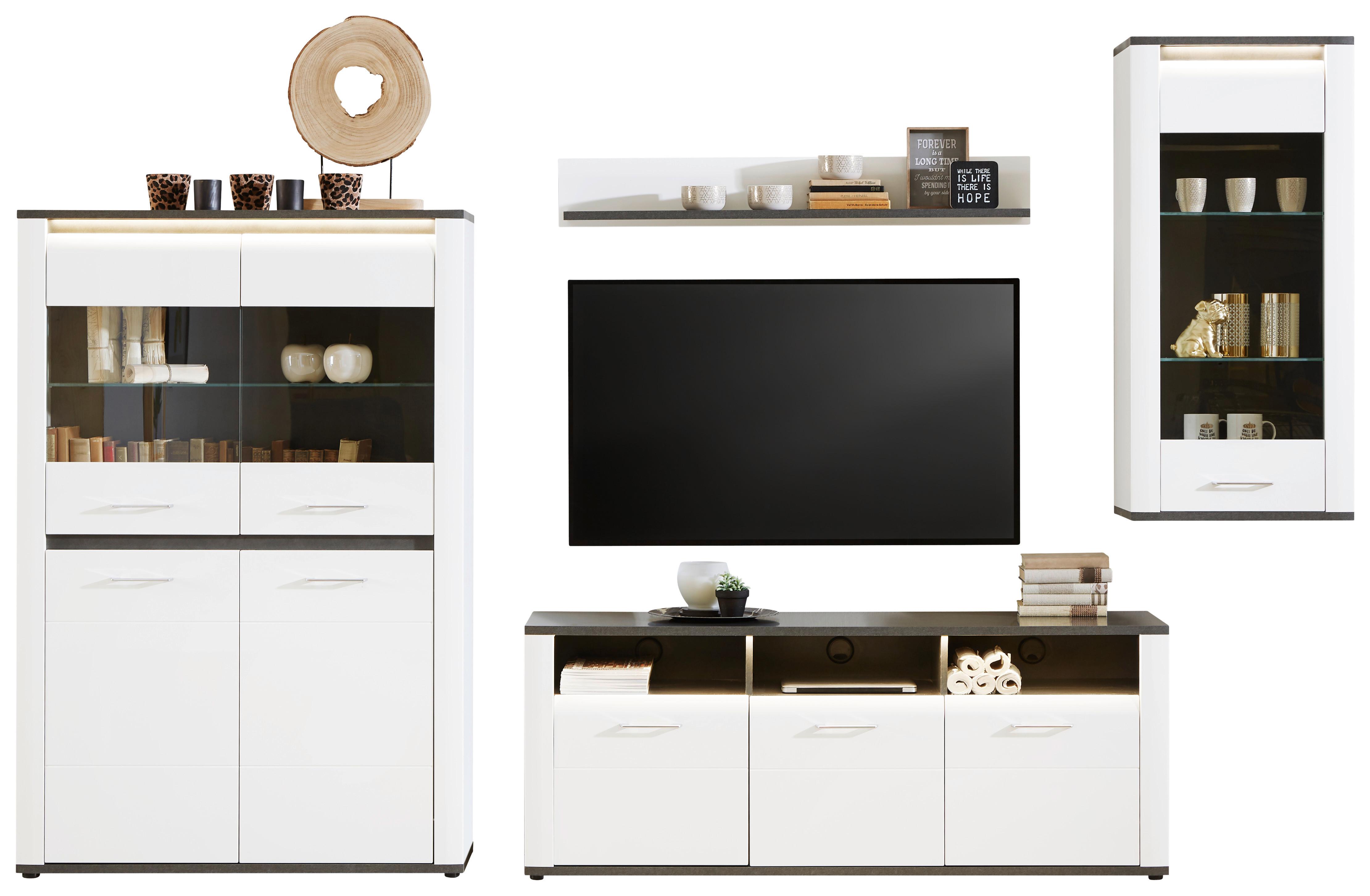 Wohnkombination Modern 4 -Teilig. mit Led Alassio 8, Weiß/Matera