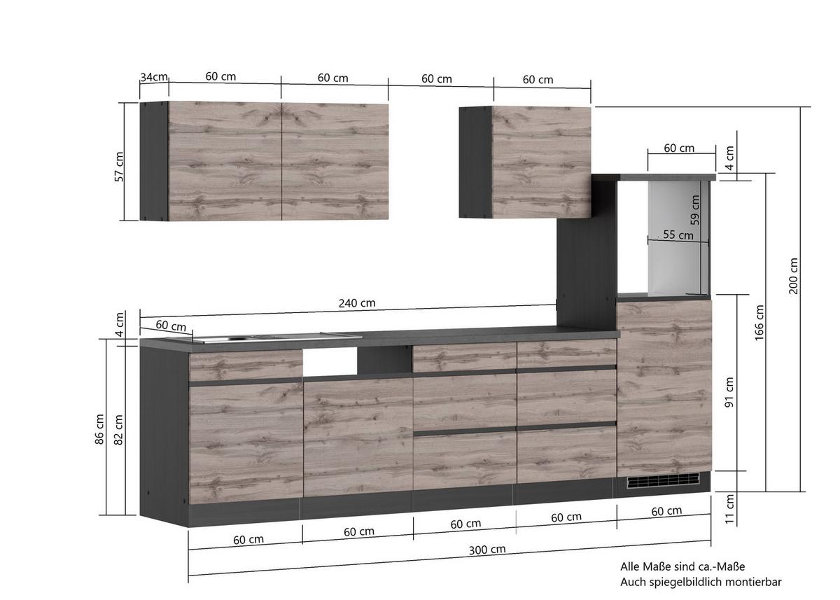 Küchenzeile Turin ohne Geräte B: 300 cm Grau/Eiche Dekor - Eiche Wotan/Grau, Design, Holzwerkstoff (300cm) - Held