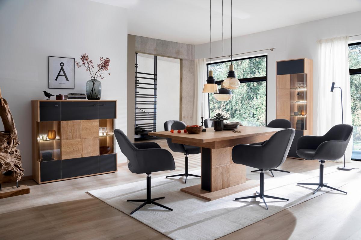 Highboard Echtholz B: 94 cm Valencia Anthrazit/Eiche - Eiche Bianco/Anthrazit, Design, Glas/Holz (94/120/37cm) - MID.YOU