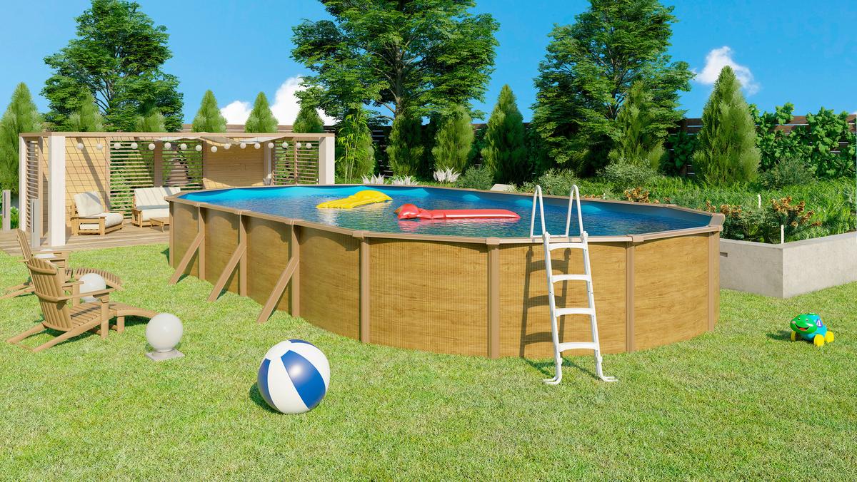 Pool Set Steely De Luxe Wood 3-teilig, Laufruhige Pumpe - Hellbraun/Hellblau, Basics, Metall (760/390/120cm)