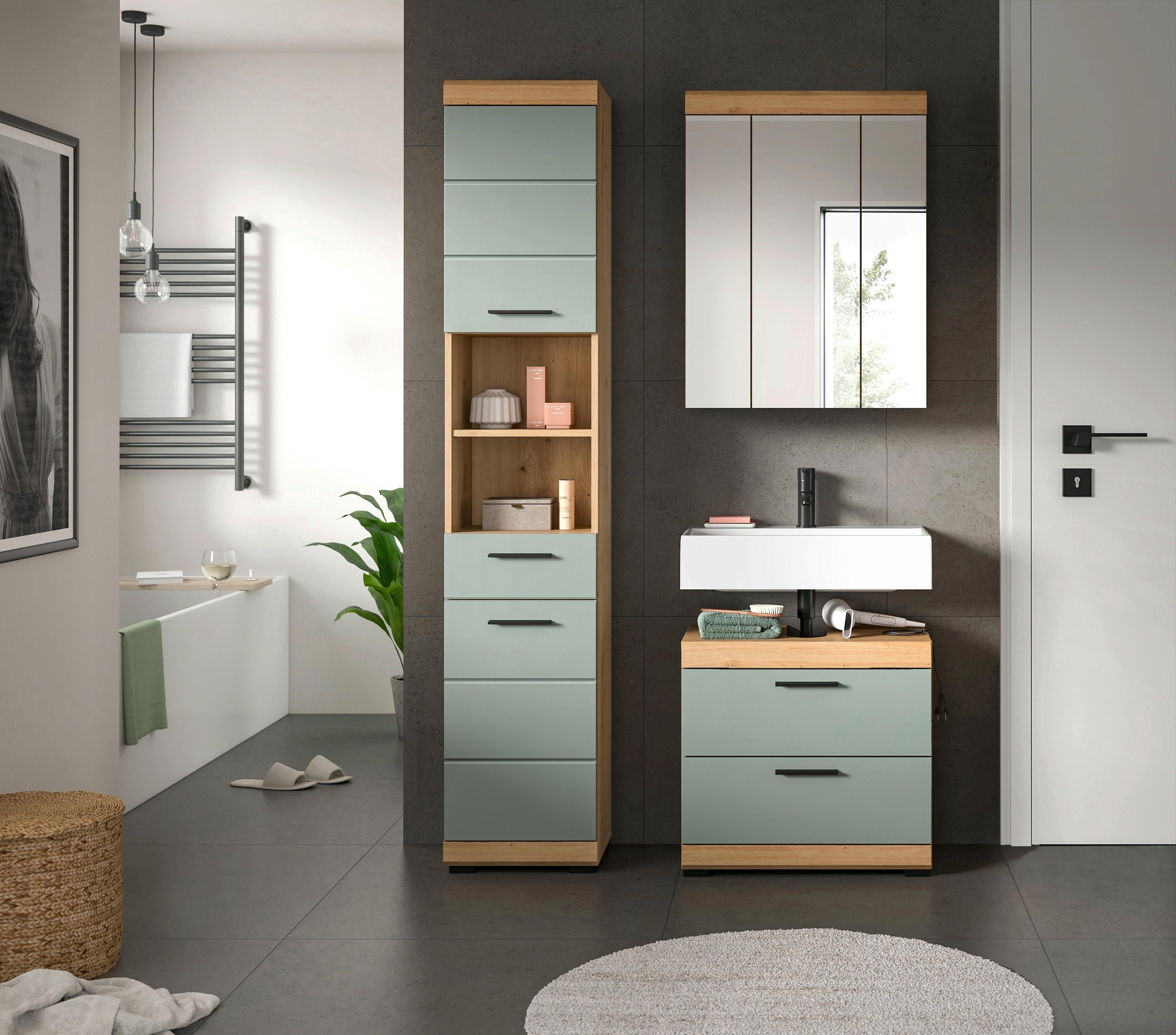 Badezimmer Scout Salbeigrün/eiche D. B: 97 Cm - Salbeigrün/Schwarz, MODERN, Glas/Holzwerkstoff (97cm) - MID.YOU