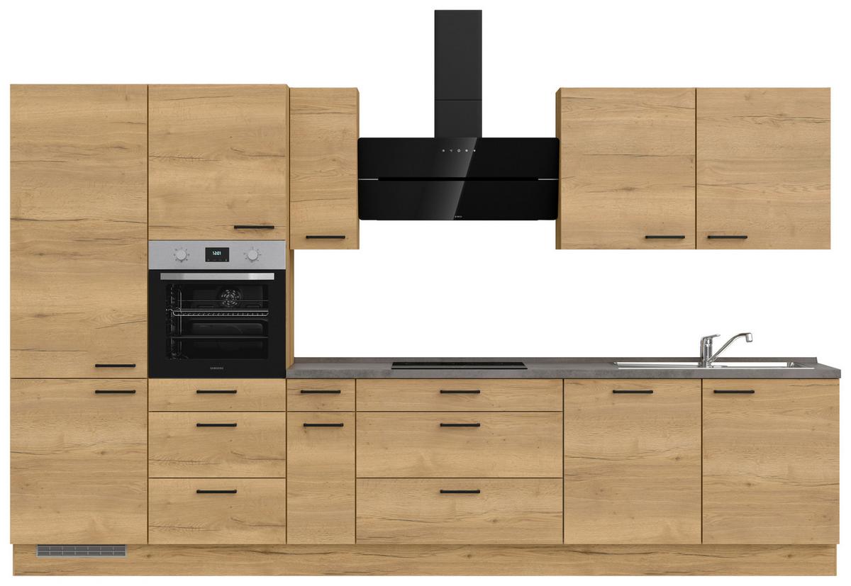 Kuchynská linka 360 cm, dub Sierra - čierna/farba duba, Modern, kov/kompozitné drevo (360cm) - Nobilia