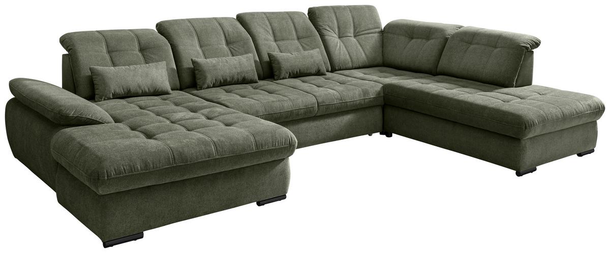 Wohnlandschaft Mit Bettkasten Rigatti Dunkelgrün B: 387 Cm - Dunkelgrün/Schwarz, MODERN, Textil (184/387/252cm) - Livetastic